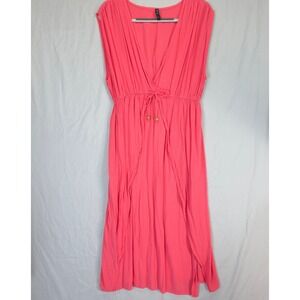 Boho Me Coral Pink Maxi Dress L Flowy Empire Waist Sleeveless Beach Resort Gauzy